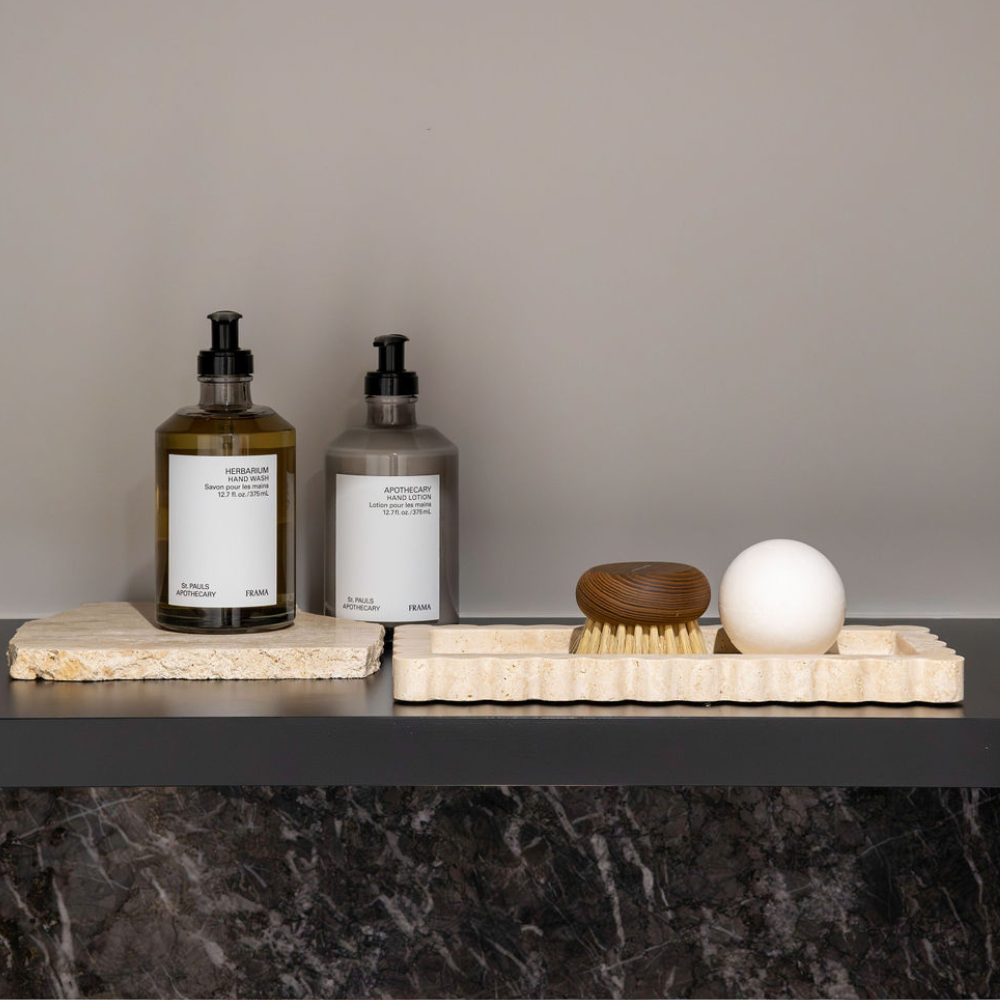 Palazzo Small Scalloped Bar Tray â€“ Luxury narrow tray with scalloped edges, perfect for small spaces. Elegant design inspired by palatial architecture, ideal for bedroom, bathroom, or living room.