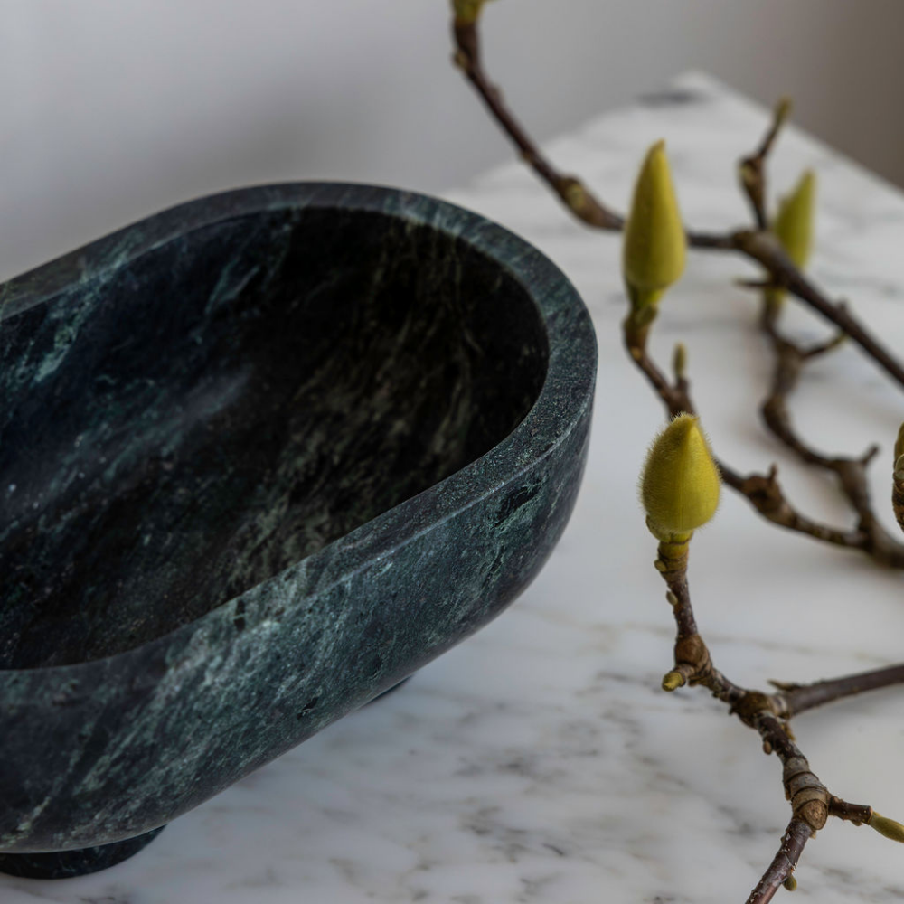 The Muse footed oval tray in Verdi Alpi with elegant design, inspired by Greek artistry, perfect for upscale decor and thoughtful display in luxury interiors