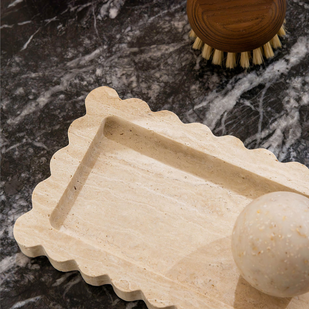 Palazzo Small Scalloped Bar Tray â€“ Luxury narrow tray with scalloped edges, perfect for small spaces. Elegant design inspired by palatial architecture, ideal for bedroom, bathroom, or living room.