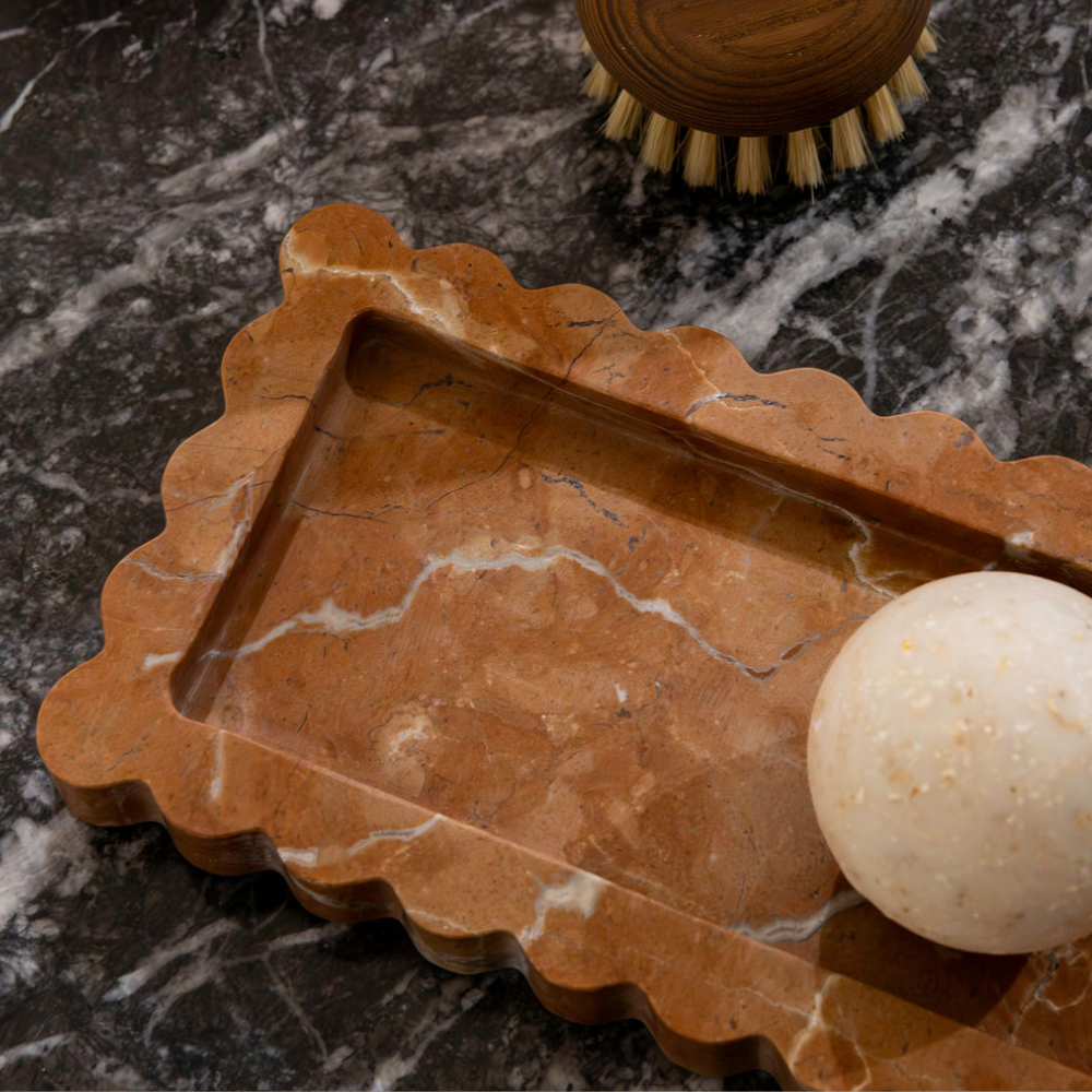 Palazzo Small Scalloped Bar Tray â€“ Luxury narrow tray with scalloped edges, perfect for small spaces. Elegant design inspired by palatial architecture, ideal for bedroom, bathroom, or living room.