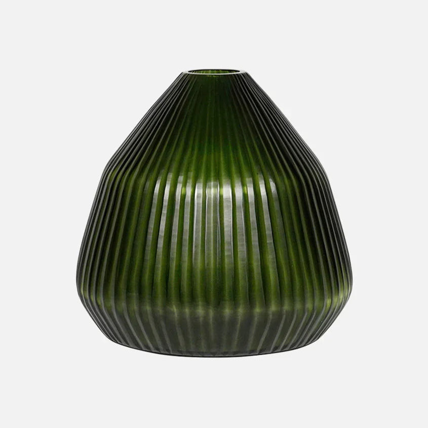 Green ribbed vase on a white background