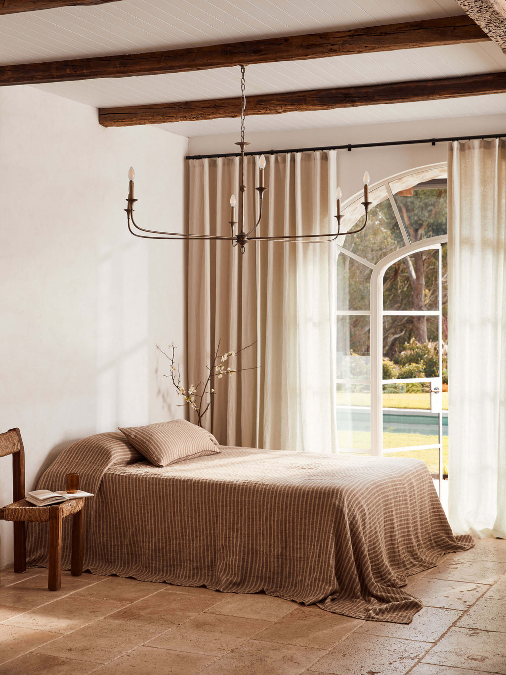 Ava Toffee Stripe Pure Linen Bedcover