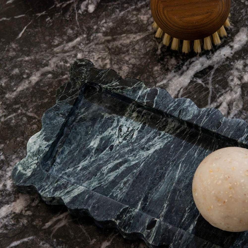 Palazzo Small Scalloped Bar Tray â€“ Luxury narrow tray with scalloped edges, perfect for small spaces. Elegant design inspired by palatial architecture, ideal for bedroom, bathroom, or living room.