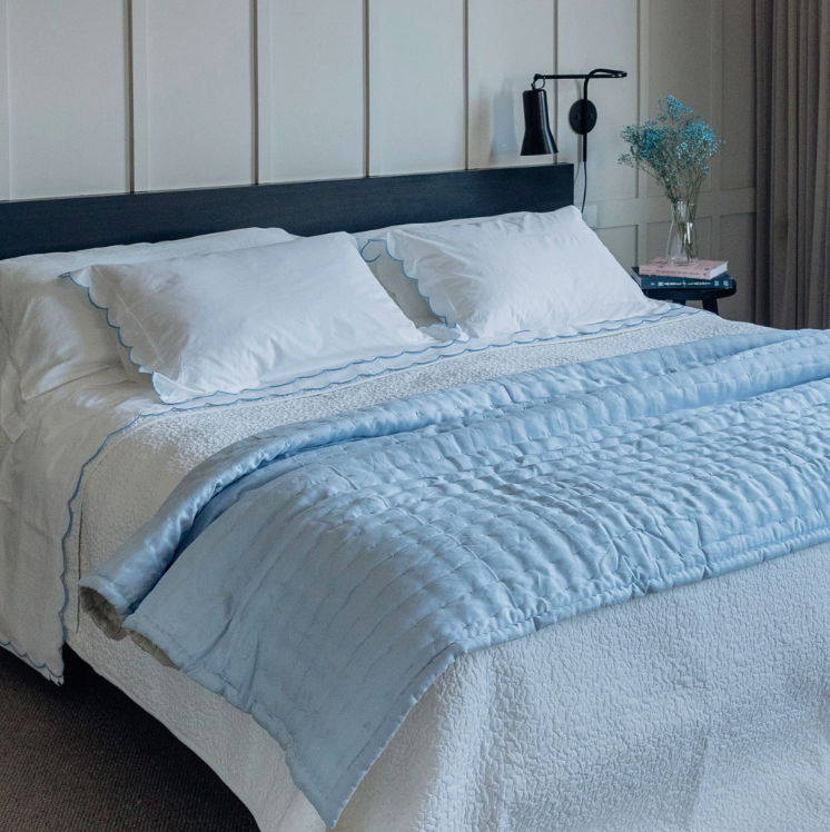 Scalloped Edge Cotton Flat Sheet in Blue