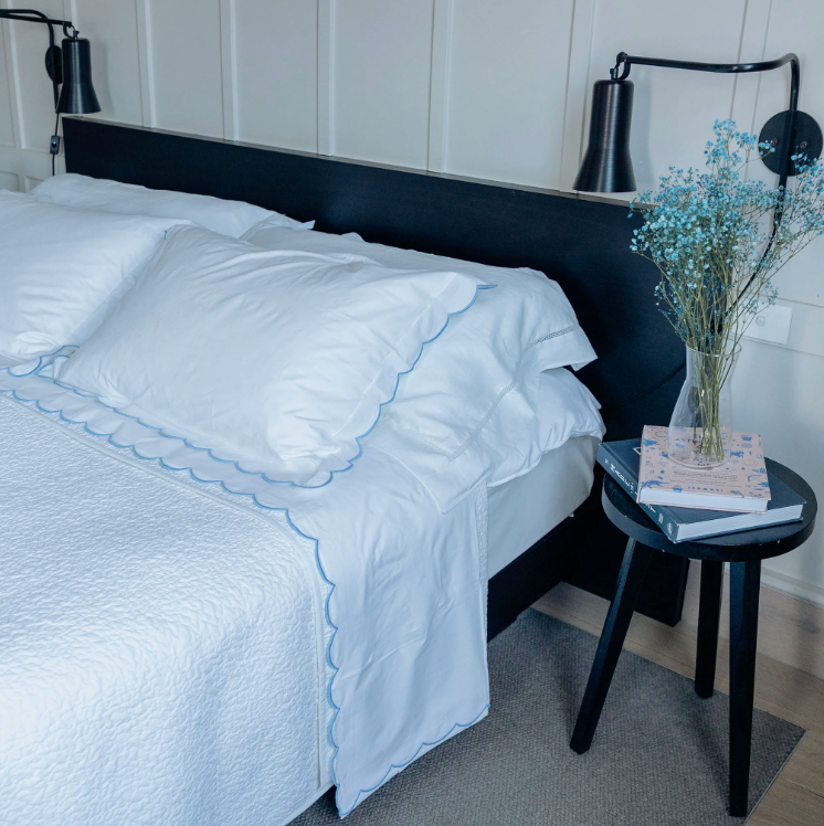 Scalloped Edge Cotton Flat Sheet in Blue