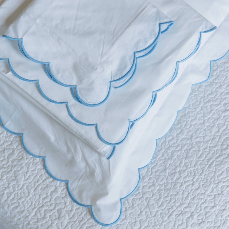 Scalloped Edge Cotton Flat Sheet in Blue